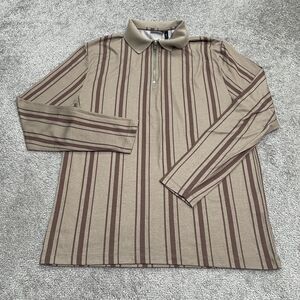 Asos Design 1/4 zip Poo Shirt Mens 2XS Brown Striped Long Sleeve Casual Outdoor